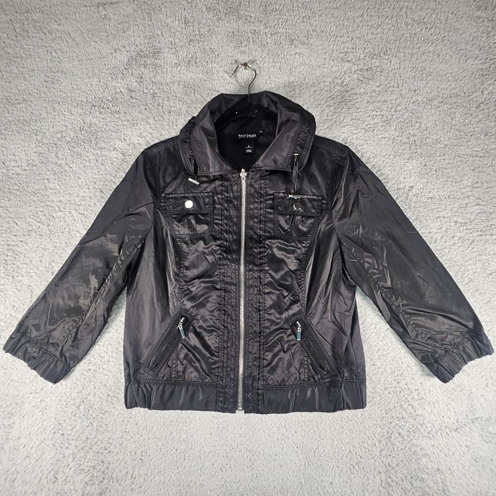 White House Black Market Rain Jacket Womens 4 Black Full Zip Pockets Casual